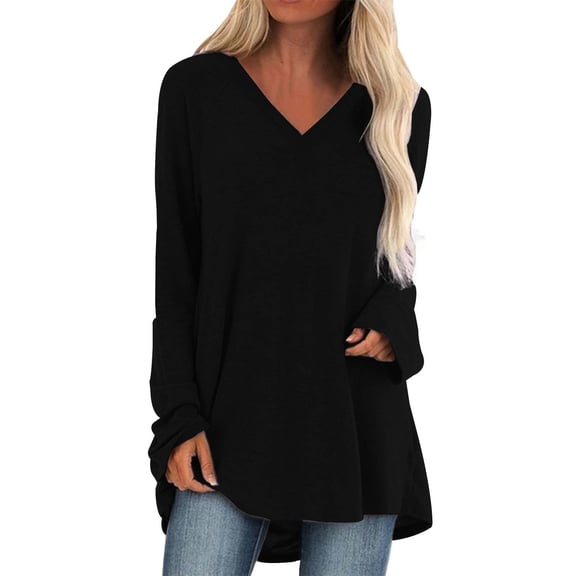 Luwomo Relaxed Oversized V-Neck Long Sleeve T-Shirts for Women Casual Loose Fit Blouse Soft Tops Everyday Comfort Wear,Black,M