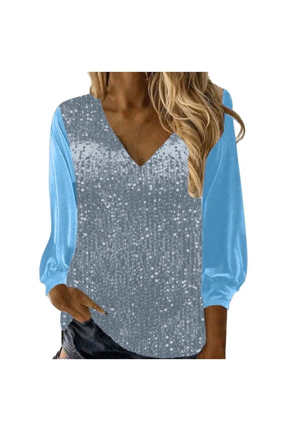 Shirts Women V Neck Shiny Sequin Elegant Long Sleeve Loose Tops