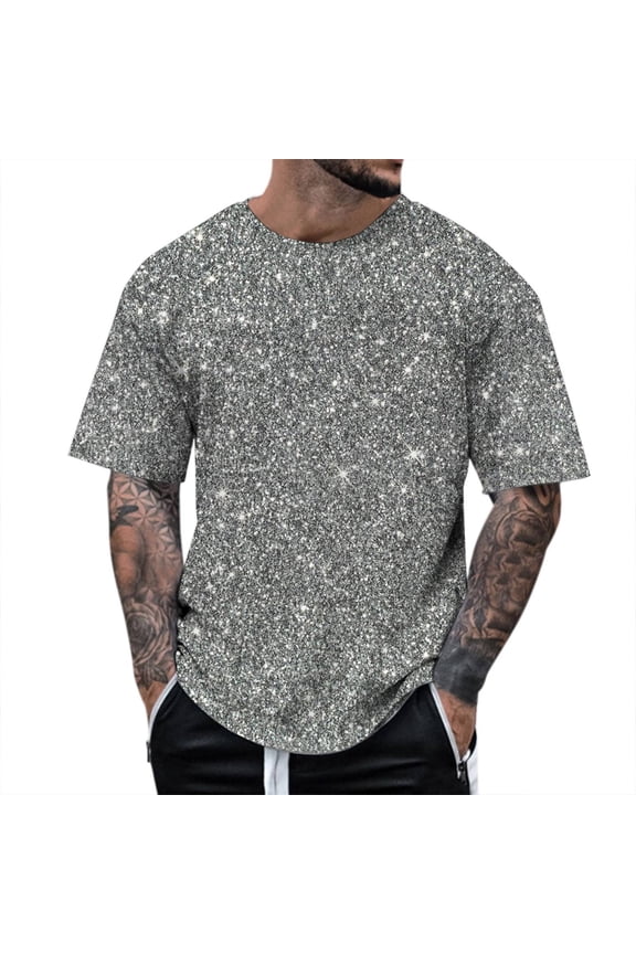 Short Sleeve T Shirt for Men Stage 3D Printed Sequin Pullover Round Neck Loose Male Clothes