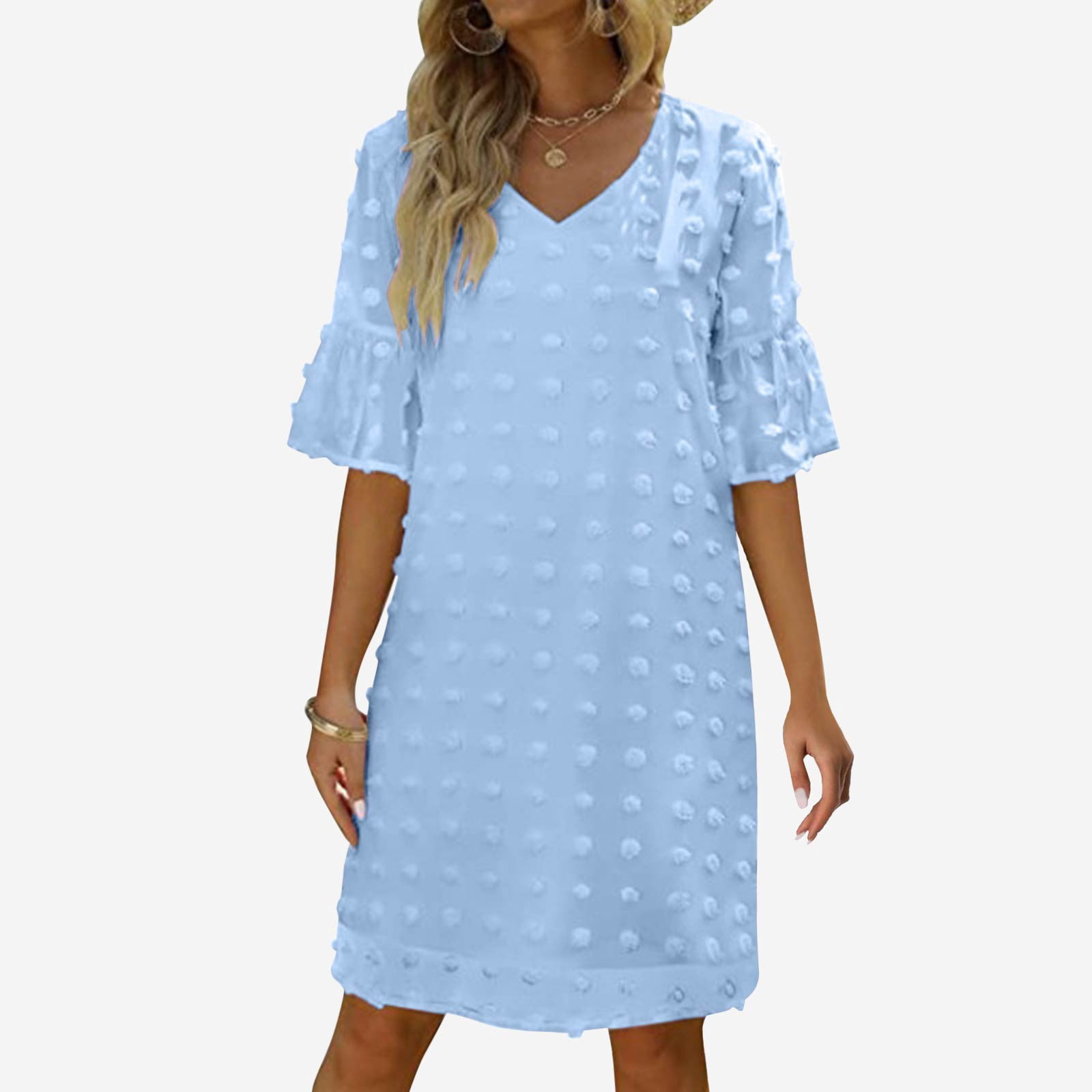 Luwomo Summer Dresses for Women Chiffon Summer Short Sleeve V Neck Mini Chiffon Polka Flowy Holiday Daily Wear Dress Blue XL