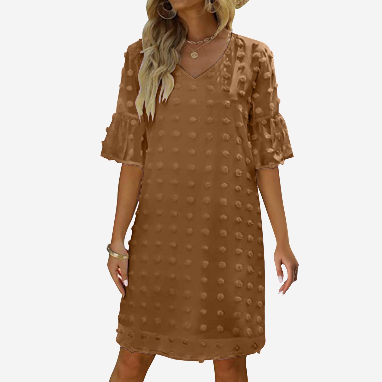 Luwomo Summer Dresses for Women Chiffon Summer Short Sleeve V Neck Mini Chiffon Polka Flowy Holiday Daily Wear Dress Coffee XL