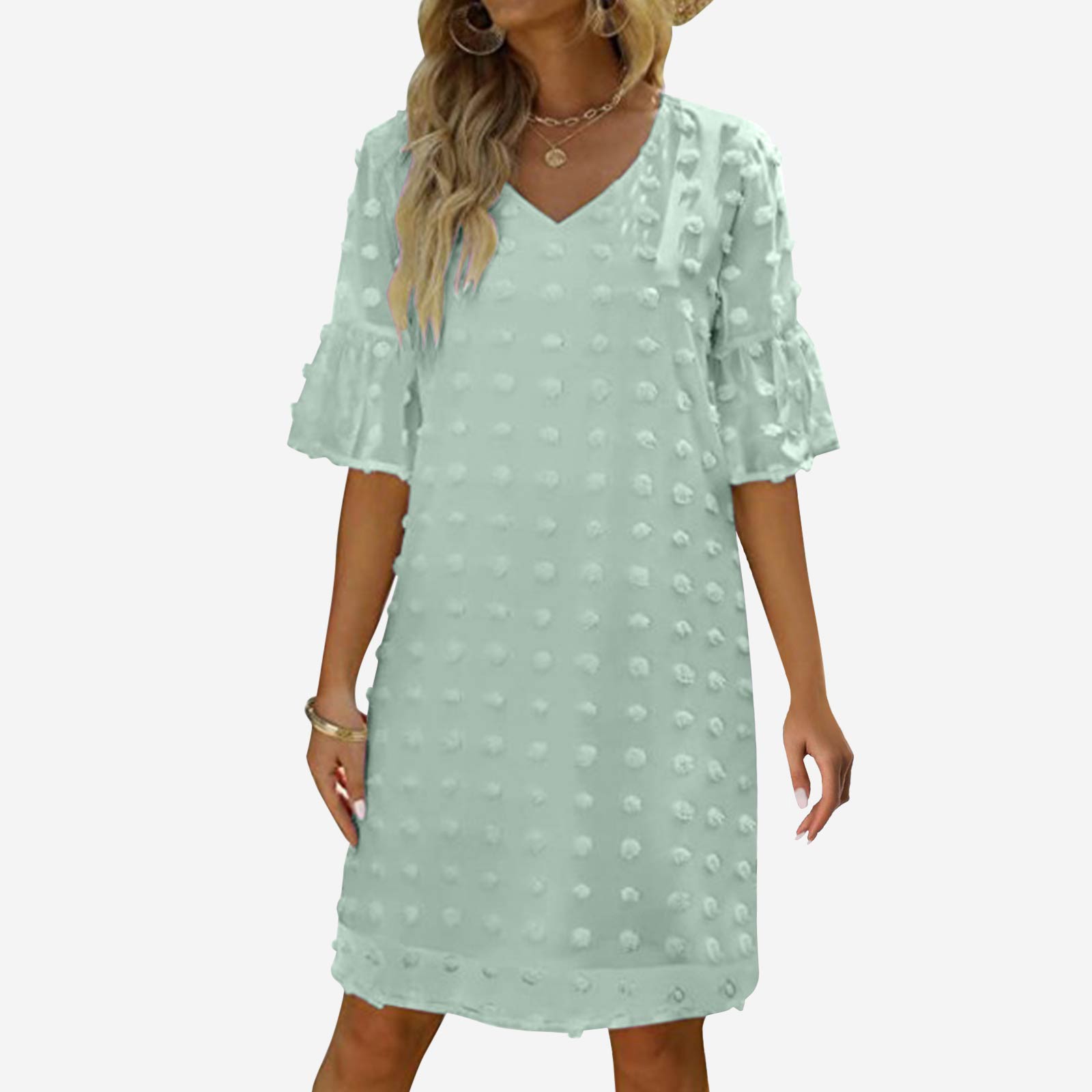 Luwomo Summer Dresses for Women Chiffon Summer Short Sleeve V Neck Mini Chiffon Polka Flowy Holiday Daily Wear Dress Green M
