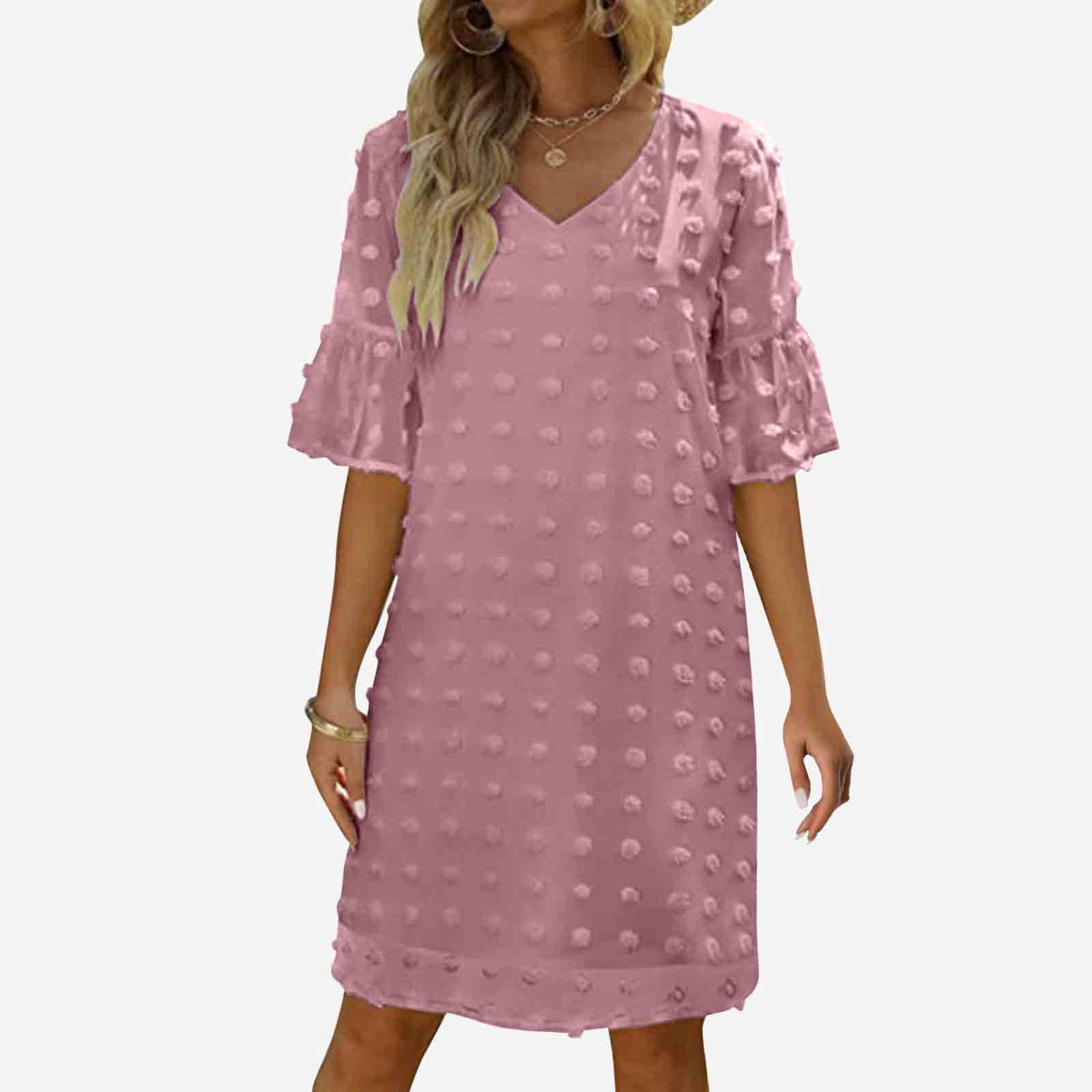 Luwomo Summer Dresses for Women Chiffon Summer Short Sleeve V Neck Mini Chiffon Polka Flowy Holiday Daily Wear Dress Hot Pink XXL