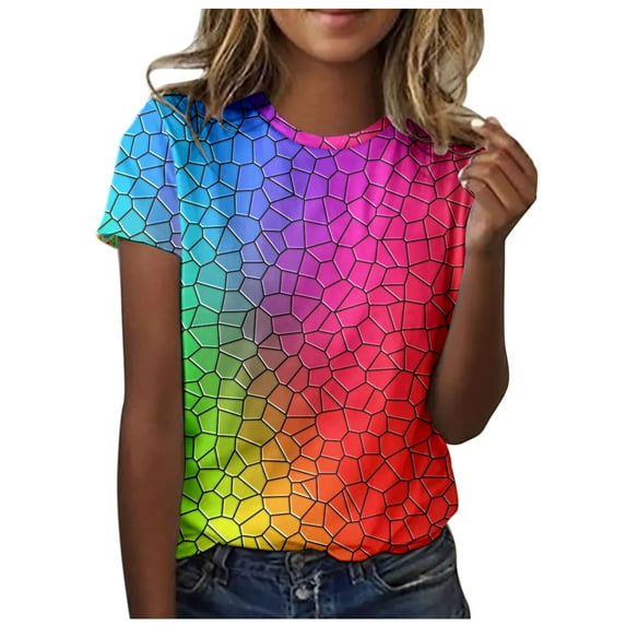 Luwomo T-Shirts for Women Crew Neck Rainbow Color Printed Short Sleeve Loose Pullover Casual Tops