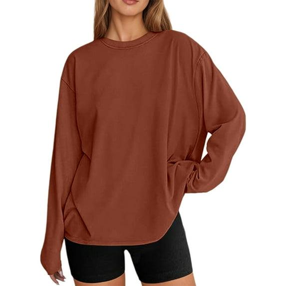 Luwomo T-Shirts for Women Oversized Long Sleeve Basic Round Neck Solid Color Loose Tops