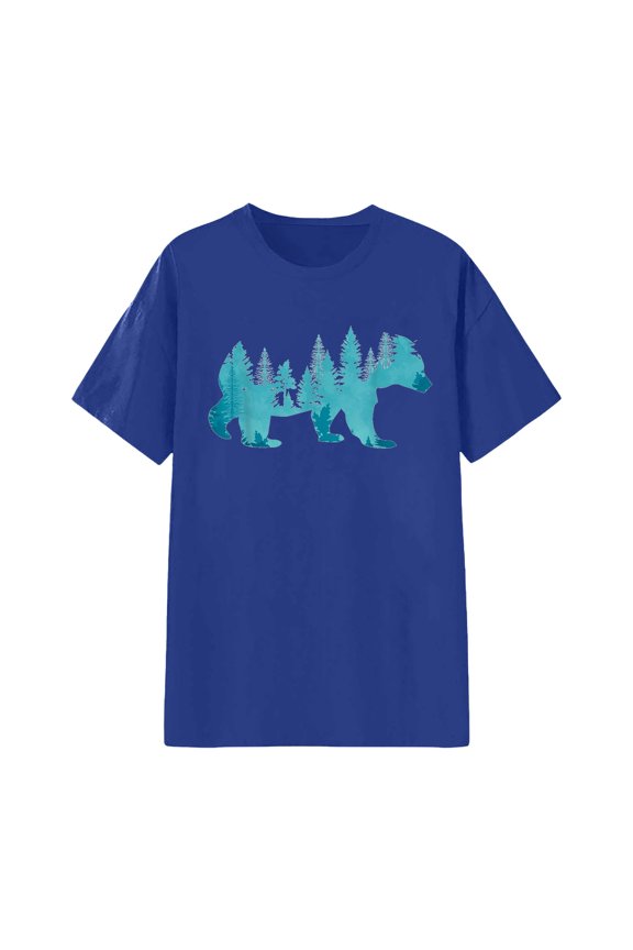 Women Casual Tshirts Unisex Bear Graphic Crew Neck Loose Pullover Tops,Blue