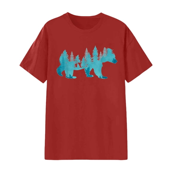 Luwomo Women Casual Tshirts Unisex Bear Graphic Crew Neck Loose Pullover Tops,Red