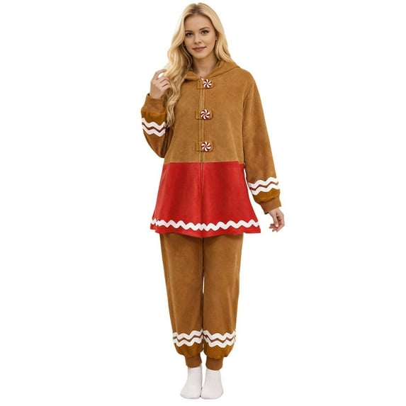Luwomo Women Christmas Gingerbread Onesie Pajamas Adult 4 Piece Flannel Gingerbread Hooded Sleepwear Homewear Outfits Set,Brown,L