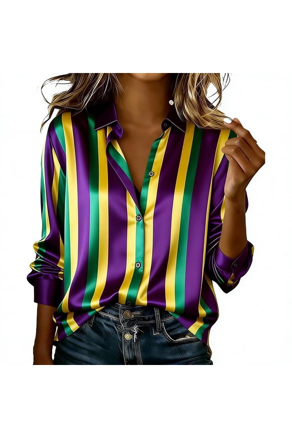Women Shirts Party Flowy Boho Festive Striped Color Block Print Carnival Regular Tops