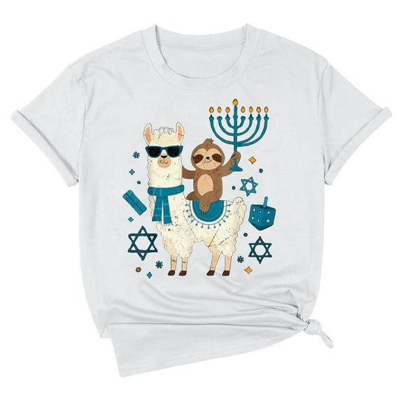 Luwomo Women T Shirt Hanukkah Graphic Short Sleeve Loose Pullover Streetwear,White