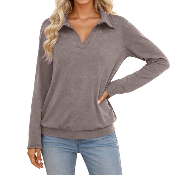 Luwomo Women T Shirt Long Sleeve Knit Collar Solid Color Loose Pullover Streetwear,Grey