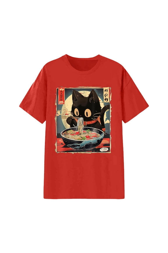 Women T Shirt Ramen Noodles Cat Japan Y2K Kawaii Retro Cats Manga Anime Comfort Colors Adult Blouses,Red,M