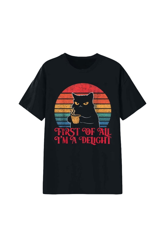 Women T-Shirts Graphic Cat Print Short Sleeve Basic Tees,Black