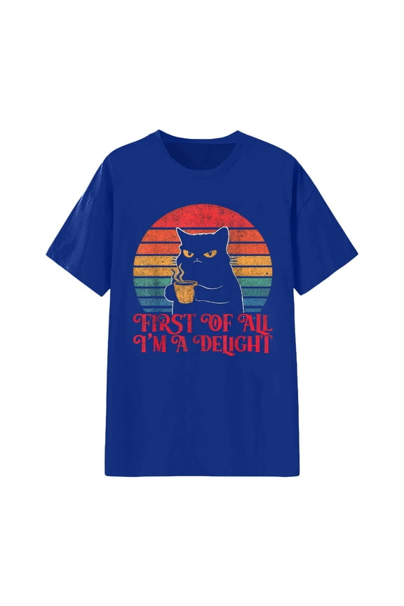 Women T-Shirts Graphic Cat Print Short Sleeve Basic Tees,Blue