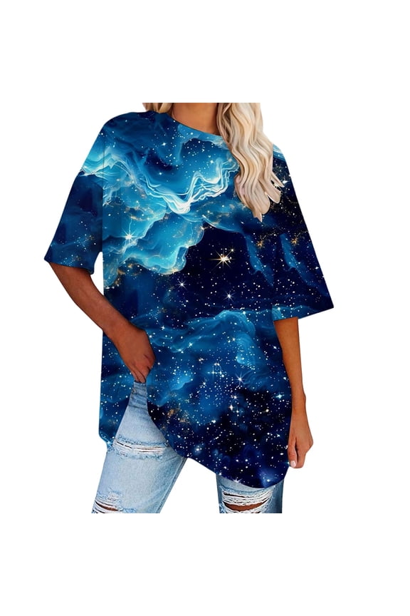 Women Tshirt Oversized Drop Shoulder Short Sleeve Crewneck Starry Sky Print Tee Blouses