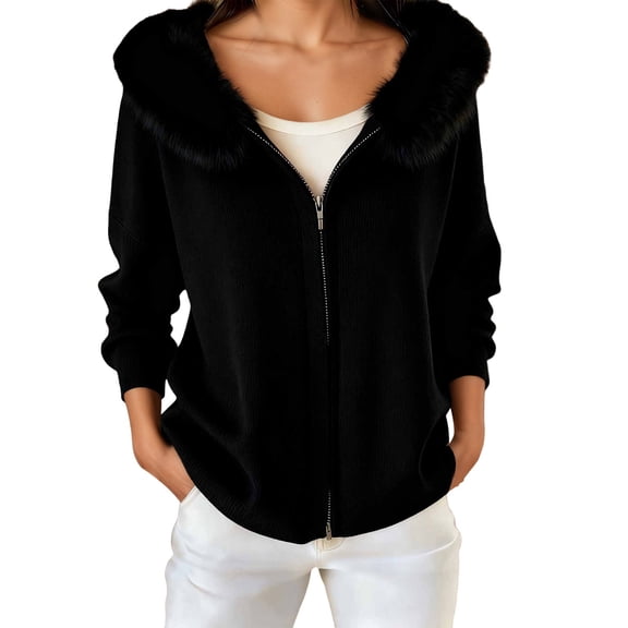 Luwomo Women's Casual Christmas Hoodies, Long Sleeve Printed Coat, Winter Full Zip Up Jacket with Fur Hood Vintage Outfit,Black,One Size