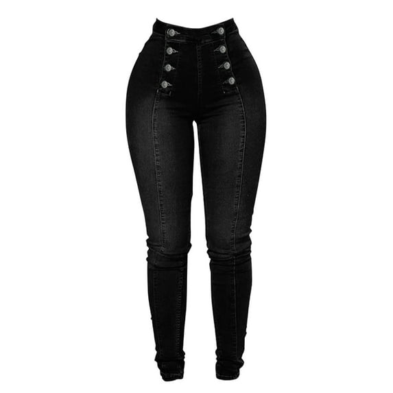 Luwomo Women's Casual Jeans High Waist Long Straight Leg Trousers Trendy Button Slim Fit Elastic Leggings Relaxed Fit Denim Pants Black,L