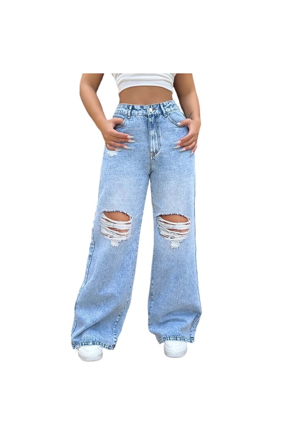 Women's Casual Jeans High Waisted Straight Leg Distressed Stretch Bootcut Long Trousers for Everyday Wear Relaxed Fit Denim Pants Light Blue,2XL