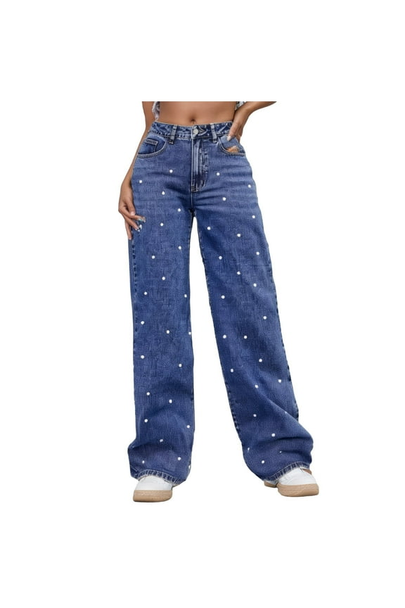 Women's Casual Jeans Straight Leg Pearl Embellishments Stretch Long Wide Leg High Waist Trousers Everyday Wear All Season Versatile Streetwear Relaxed Fit Denim Pants Dark Blue,L