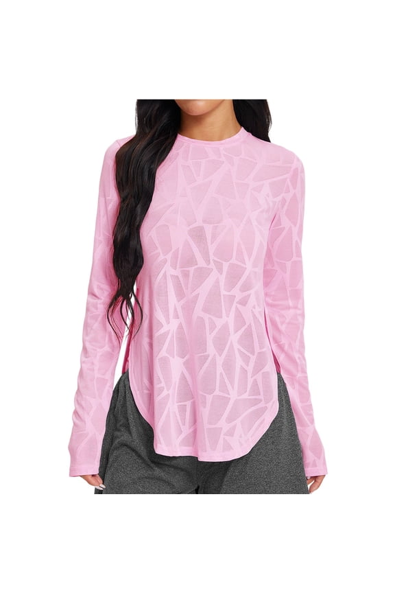 Women's Geo Print Long Sleeve Workout Top Cut Out Curved Hem Athletic Tshirts Gym Yoga Tops,Red