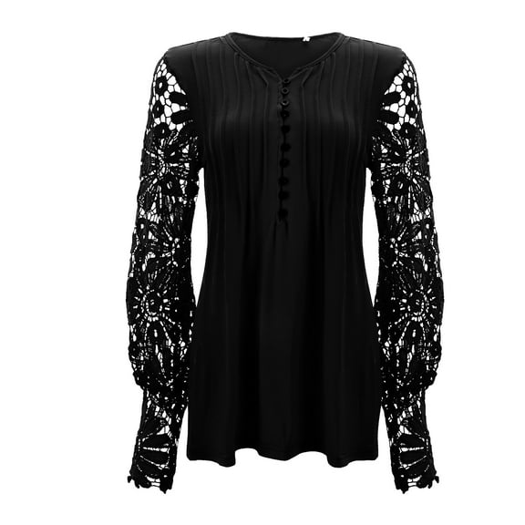 Luwomo Women's Lace Shirts 2025 Fall Trendy Long Sleeve V Neck Tops Fashion Pleated Blouses,Black