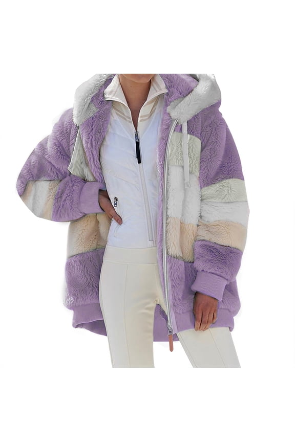 Women's Leisure Jackets Long Sleeve Hooded Color Block Loose Fit Coat Regular Blouses Purple,S