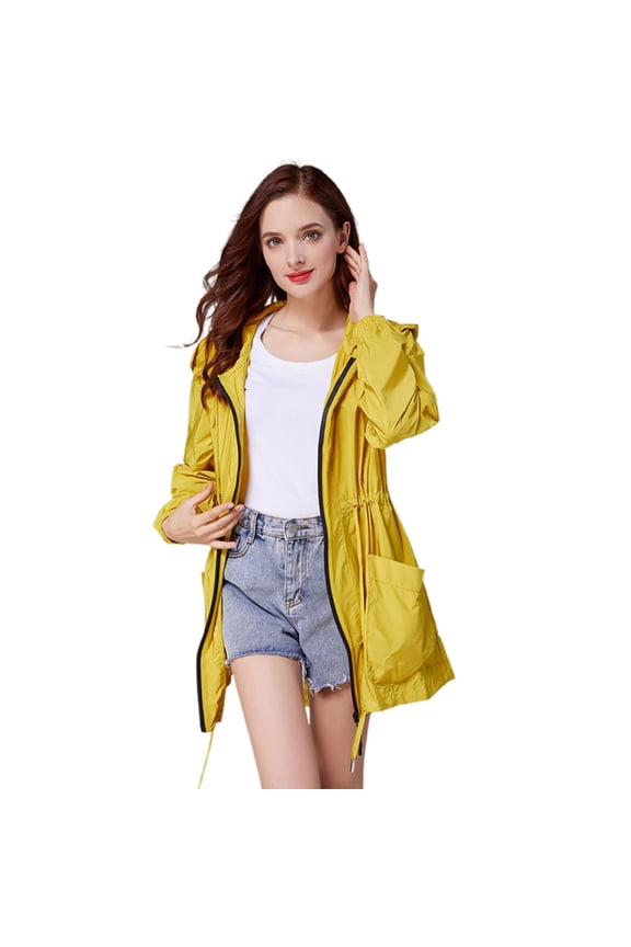 Women's Leisure Rain Jackets Long Sleeve Raincoat Lightweight Windproof Hooded Loose Fit Raincoat Regular Blouses Yellow,One Size