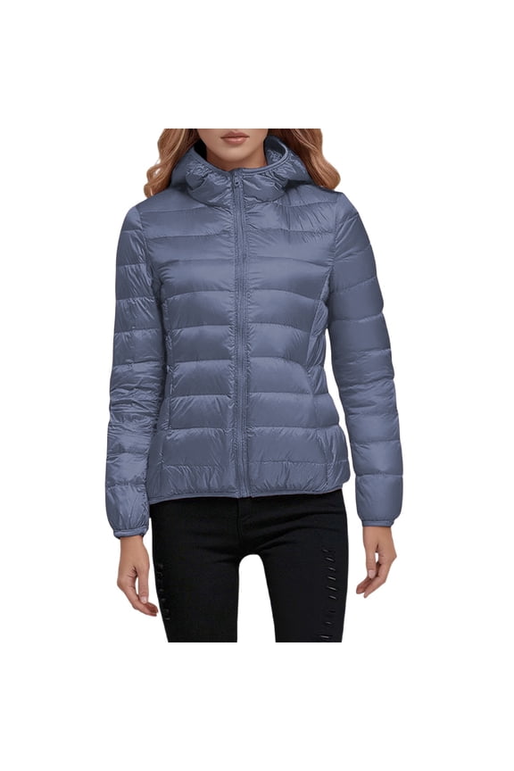 Women's Packable Lightweight Full-Zip Puffer Jacket with Hood Quilted Insulated Warm Winter Coat Outerwear for Hiking Travel,Dark Blue,L