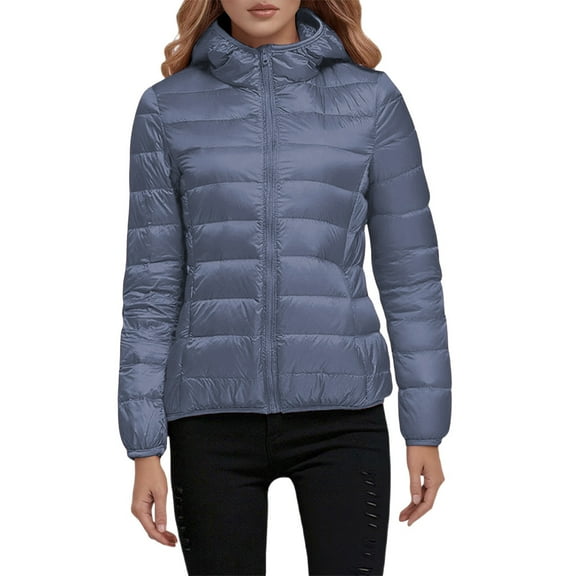 Luwomo Women's Packable Lightweight Full-Zip Puffer Jacket with Hood Quilted Insulated Warm Winter Coat Outerwear for Hiking Travel,Dark Blue,M