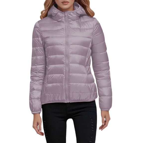 Luwomo Women's Packable Lightweight Full-Zip Puffer Jacket with Hood Quilted Insulated Warm Winter Coat Outerwear for Hiking Travel,Purple,M