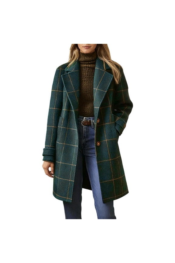 Women's Winter Peacoat Notched Collar Plaid Wool Trench Coat Button Down Mid Long Overcoat Outerwear,Dark Green,L