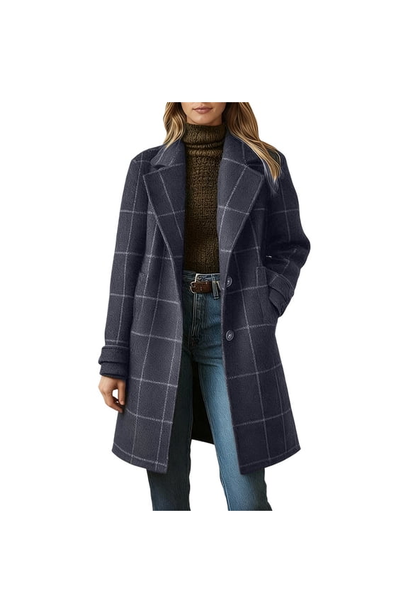 Women's Winter Peacoat Notched Collar Plaid Wool Trench Coat Button Down Mid Long Overcoat Outerwear,Grey,M