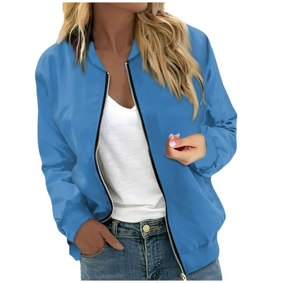 Luwomo Womens Baseball Jackets Zip Up Long Sleeve Zipper Lightweight Loose Fit Outwear Coat Regular Blouses Blue,L
