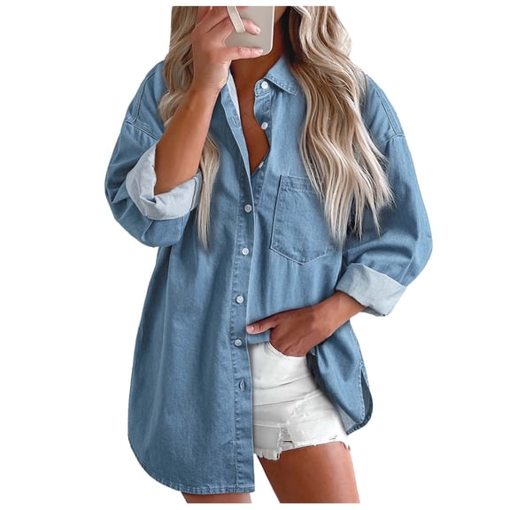 Luwomo Womens Cardigan Cardigan Denim Shirts Button Down Long Sleeve V Neck Loose Fit Regular Tops Blue,M