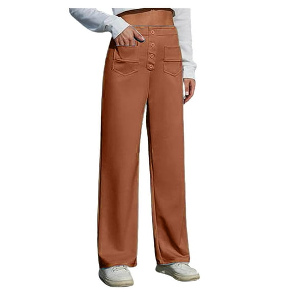 Luwomo Womens Casual Pants 2025 Wide Leg High Waist Long Straight Leg Button Down Work Loose Fit Business with Pockets Relaxed Fit Trousers Brown,3XL