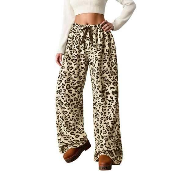 Luwomo Womens Casual Pants Long Wide Leg High Waisted Leopard Print Drawstring Loose Fit Streetwear Relaxed Fit Trousers Gold,L