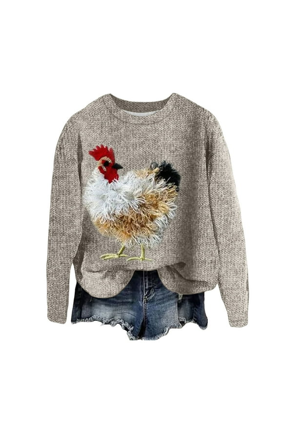 Womens' Casual Sweatshirts 2025 Christmas Rooster Print 3D Round Neck Long Sleeve Street Trend Thick Blouses Beige,S