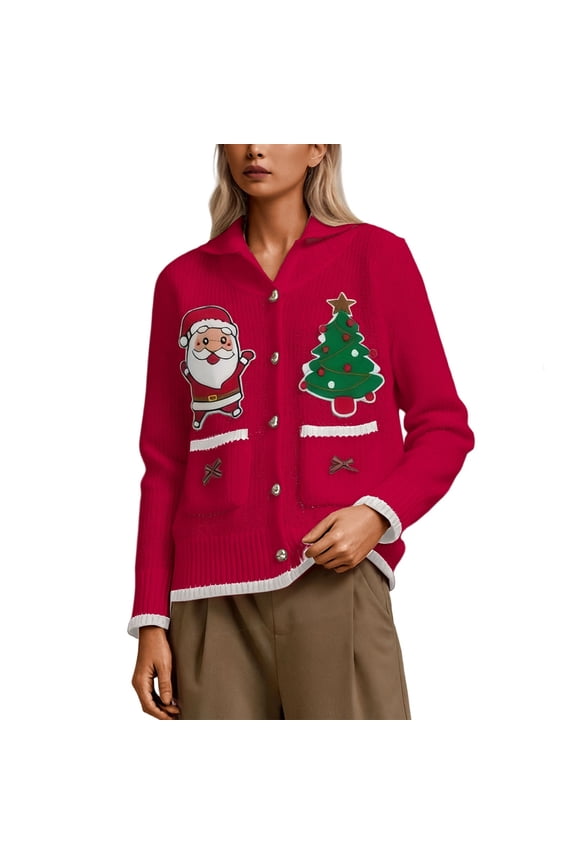 Womens Claus Christmas Cardigans Santa Graphic Long Sleeve Button Fair Isle Style Knitted Open Front Sweater Coat Regular Coat Blouses,A-Red,M