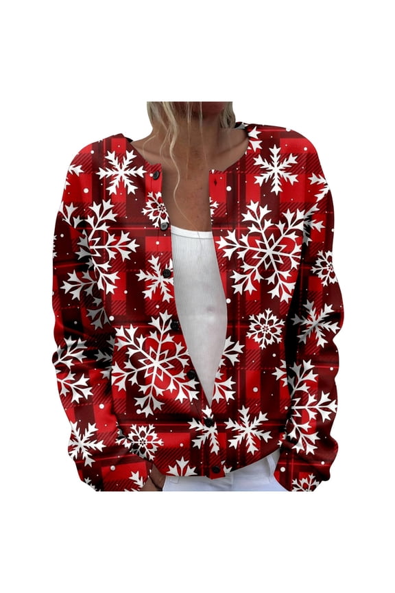 Womens Claus Christmas Cardigans Stylish Santa Snowflake Print Button Down Long Sleeve Autumn Winter Holiday Festive Cozy Soft Knitwear Outerwear Jacket Regular Coat Blouses,A-Red,L