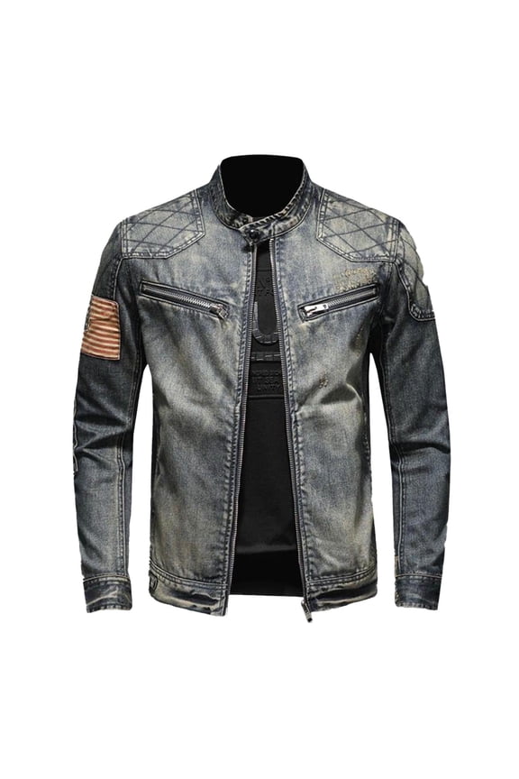 Womens Denim Jackets Fall and Winter Bike Retro Suit Long Sleeve Stand Up Collar Loose Fit Coat Regular Blouses Dark Blue,2XL