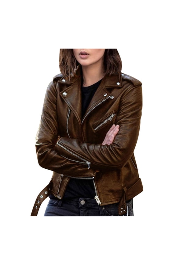 Womens' Leather Jackets Long Sleeve Zipper Patchwork Loose Fit Coat Tops Brown,2XL