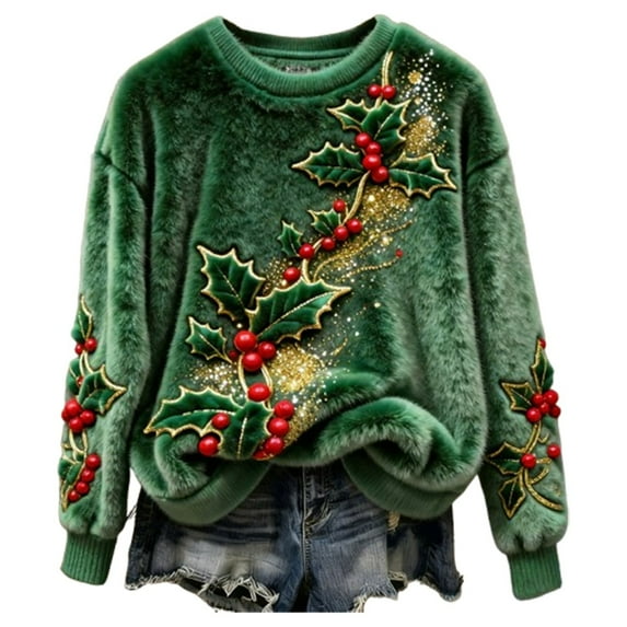 Luwomo Womens' Flannel Sweaters for Christmas Cozy Pullover Santa Graphic Fleece Crewneck Winter Holiday Knit Festive Seasonal Loose Fit Streetwear Regular Tops,Green2,M