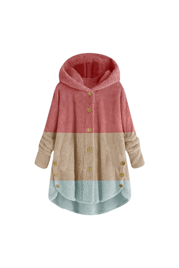 Womens' Jackets Stylish Long Sleeve Hooded Button Detail Color Clock Design Coat Tops Pink,S