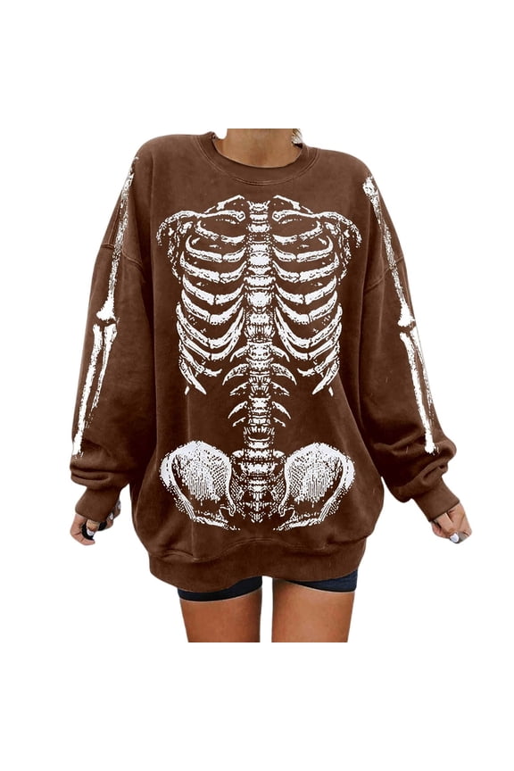 Womens' Halloween Sweatshirts Unisex Skeleton Print Oversized Longline Sweatshirt Hoodless Long Sleeve Crew Neck Pullover Streetwear Casual Tops,Z1 Brown,XL