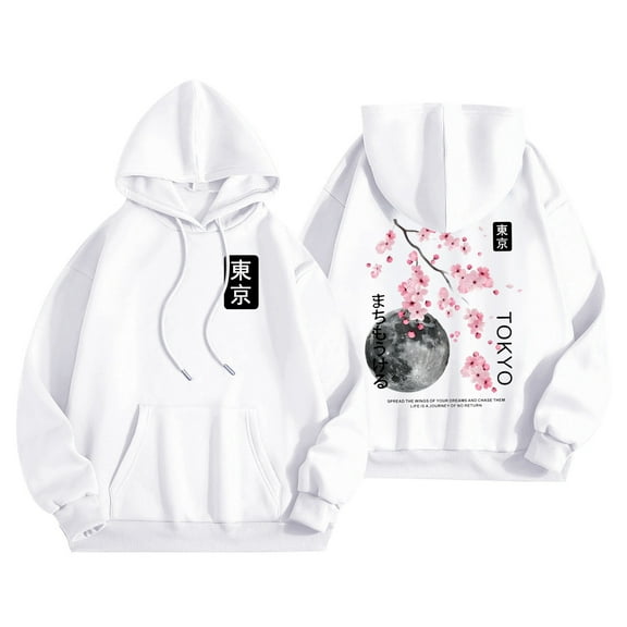 Luwomo Womens Hoodies Unisex Hoodies Fall and Winter Double Letter Sakura Print Long Sleeved Hooded Sweatshirt with Pocket Lady Blouses White,L