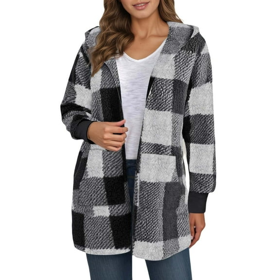 Luwomo Womens' Jackets Fall and Winter Fashion Hooded Long Sleeve Plaid Loose Fit Coat Blouses Grey,L
