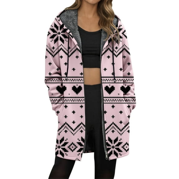 Luwomo Womens Jackets Longline Christma Festive Animal Graphic Long Sleeve Hooded Drawstring Winter Cozy Lined Full Zip Outerwear Blouses Pink,2XL