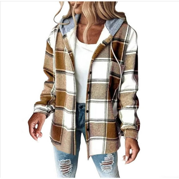 Luwomo Womens' Jackets Plaid Long Sleeve Hooded Zipper Sweatshirt Loose Fit Coat Tops Khaki,S