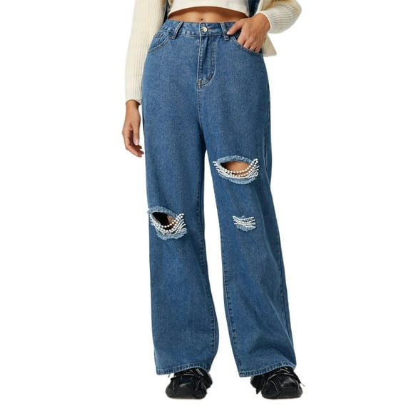 Luwomo Womens' Jeans High Waist Wide Leg Long Trousers Pearl Embellishments Loose Fit Outfits Streetwear Denim Pants BU2,L