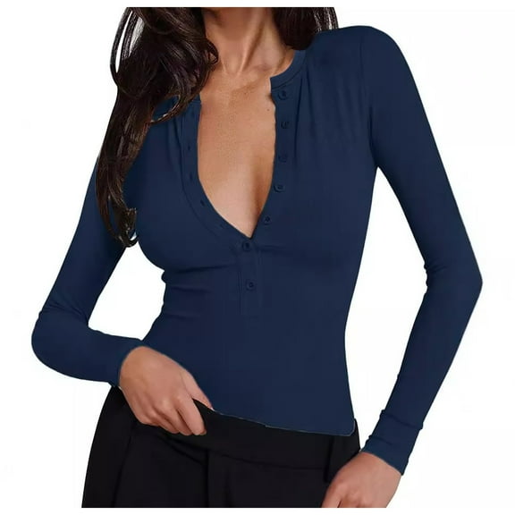 Luwomo Womens Long Sleeve Henley Shirts 2026 Fall Clothes Fitted Casual Work Basic Cute Tops Button V Neck Tee T-Shirts,Navy,M
